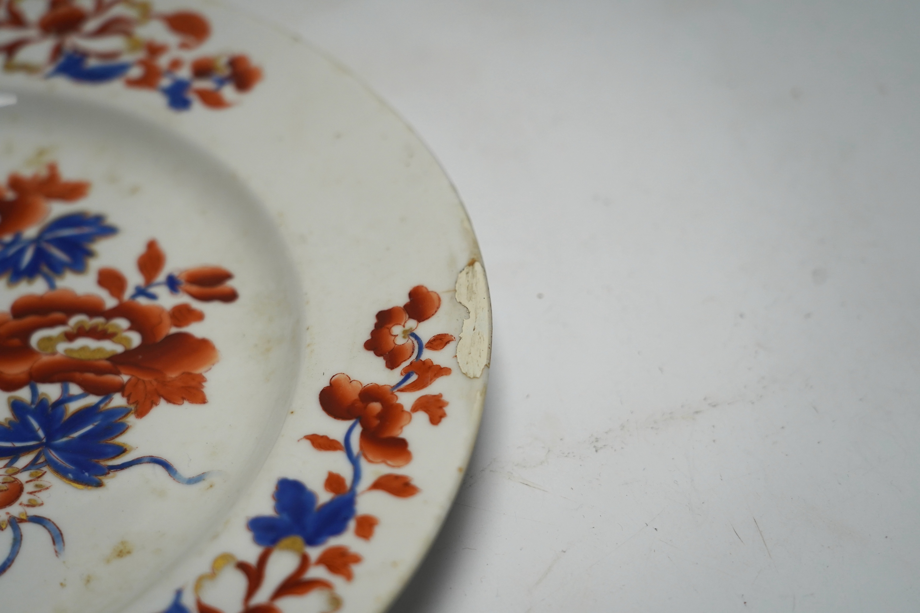 Three Derby landscape plates, attributed to George Robertson, c.1795, two decorated with Scottish scenes, the other Italian scene and a Chamberlains Imari pattern plate, 25cm (4)